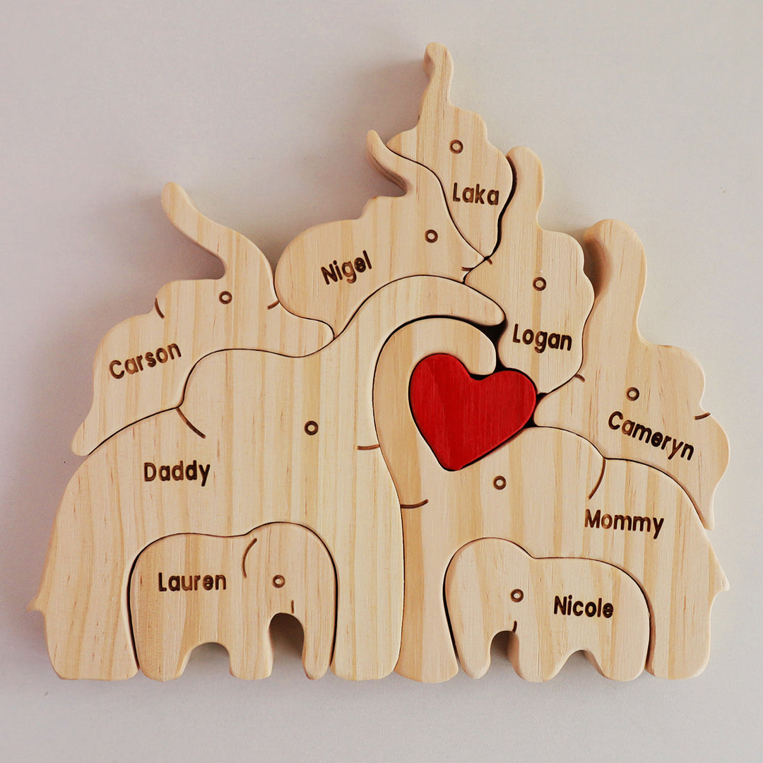 2-10 Prénoms🐘Puzzle famille éléphants en bois