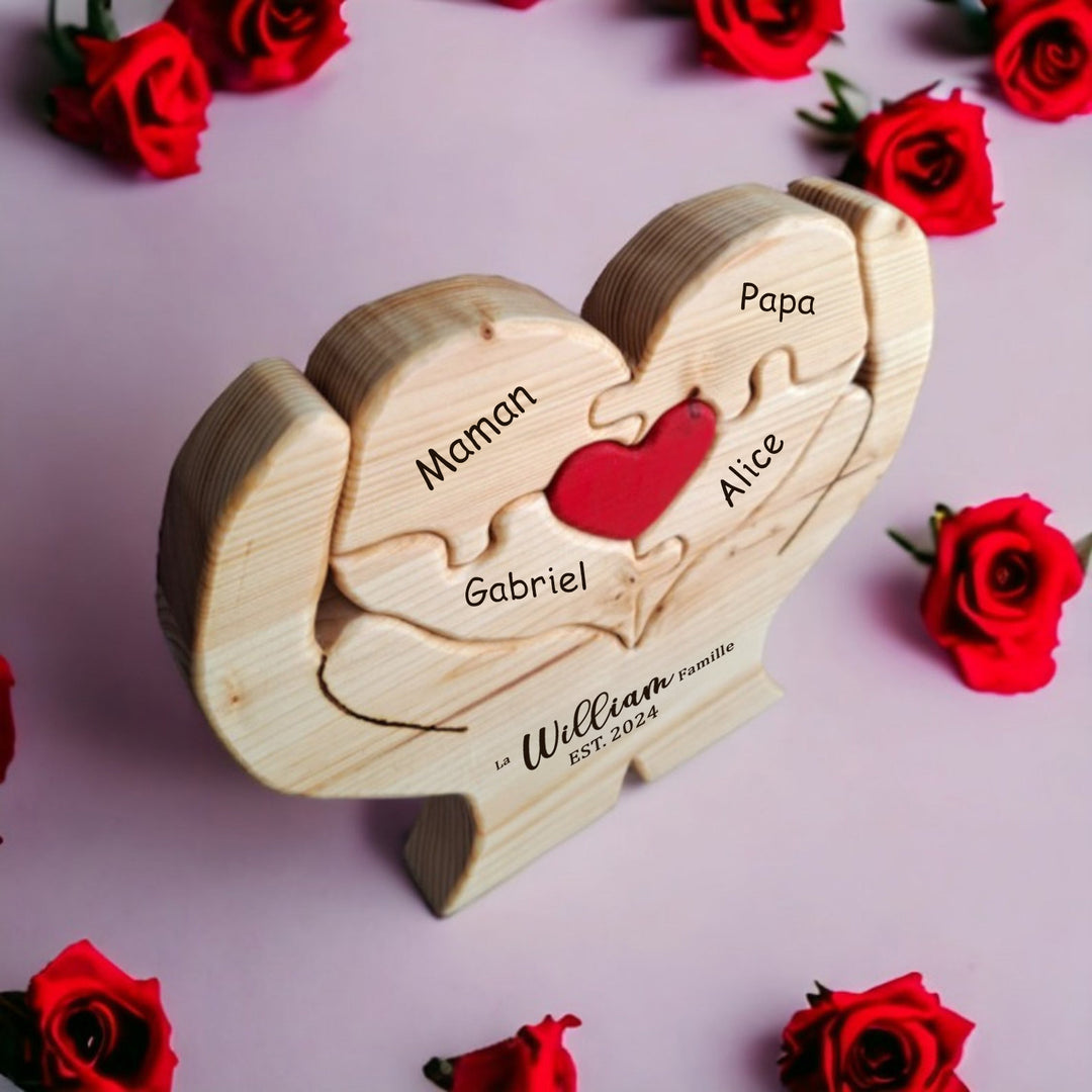 Puzzle familial en bois en forme de cœur, cadeau familial personnalisé, souvenir familial gravé personnalisé