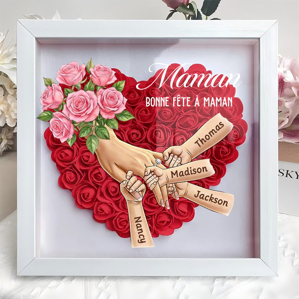 Boîte d’ombre cœur floral personnalisée Maman mains avec prénoms enfants et bague manicure