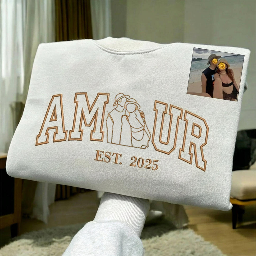 Sweat-shirt personnalisé avec portrait brodé photo AMOUR pour couple,Cadeaux de la Saint-Valentin💓
