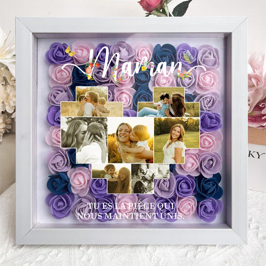 Boîte d’ombre cœur en roses personnalisée avec photos – Cadre souvenir familial