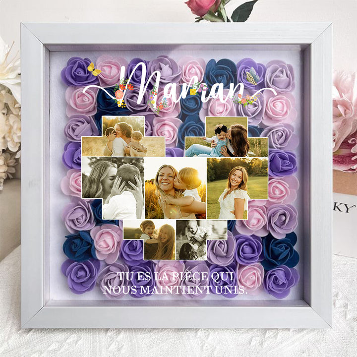 Boîte d’ombre cœur en roses personnalisée avec photos – Cadre souvenir familial
