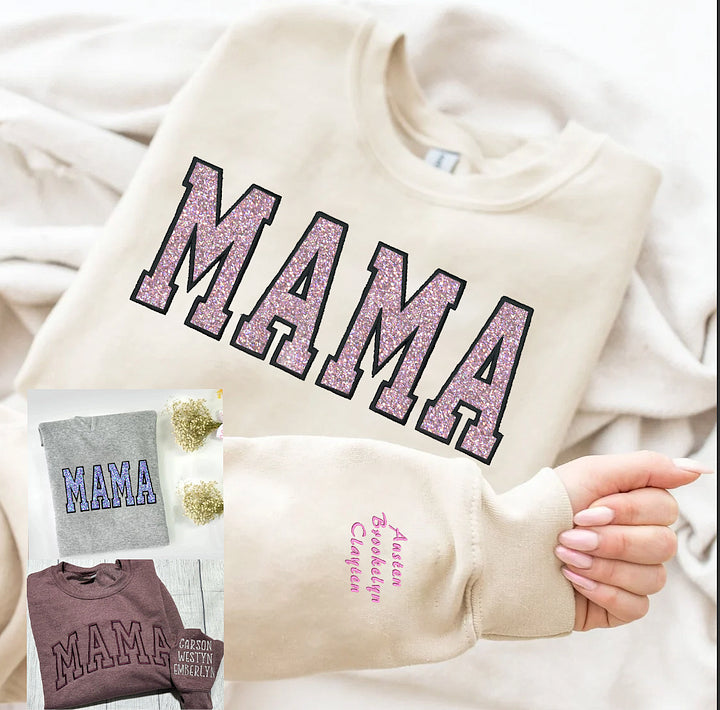 Sweat-shirt personnalisé pour maman avec paillettes brodées avec le nom de l'enfant sur la manche