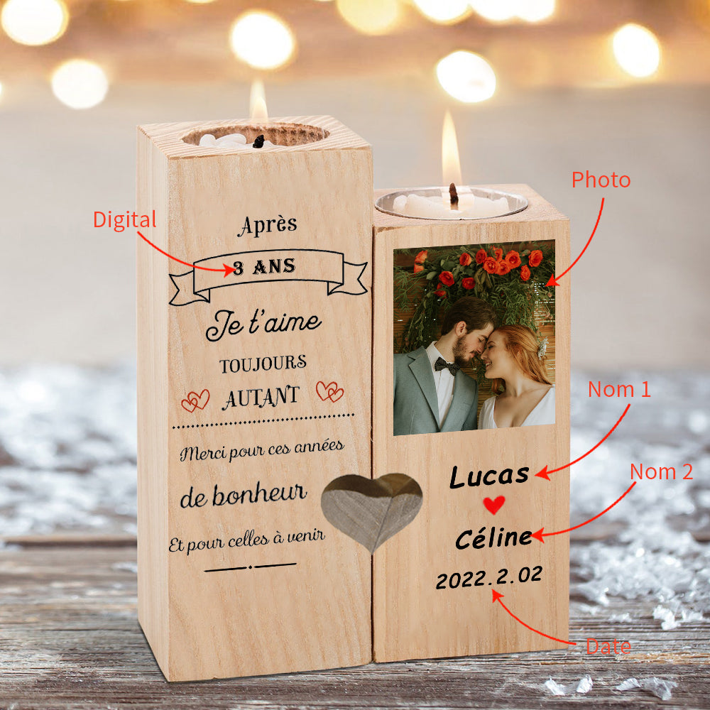 Bougeoir en Bois 2 Prénoms Personnalisé avec date et photo et numéros sans bougie