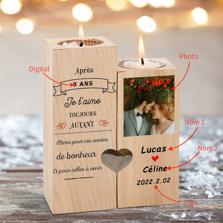 Bougeoir en Bois 2 Prénoms Personnalisé avec date et photo et numéros sans bougie