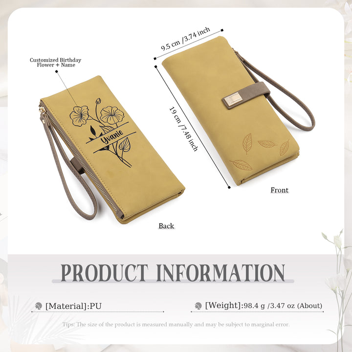 Portefeuille Femmes 1 Prénom Personnalisé avec Fleur de naissance Porte-Monnaie Carte