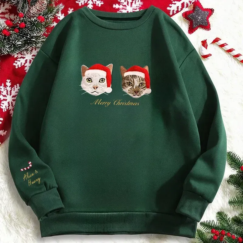 Sweat-shirt brodé en couleur avec portrait d'animal personnalisé (2025), avec chapeau de Noël en option