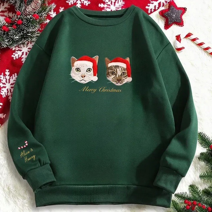 Sweat-shirt brodé en couleur avec portrait d'animal personnalisé (2025), avec chapeau de Noël en option