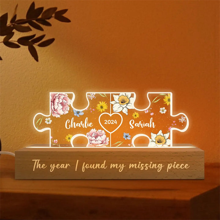 Tu es ma pièce manquante-Veilleuse LED en acrylique personnalisée avec initiales de couple sur le thème floral