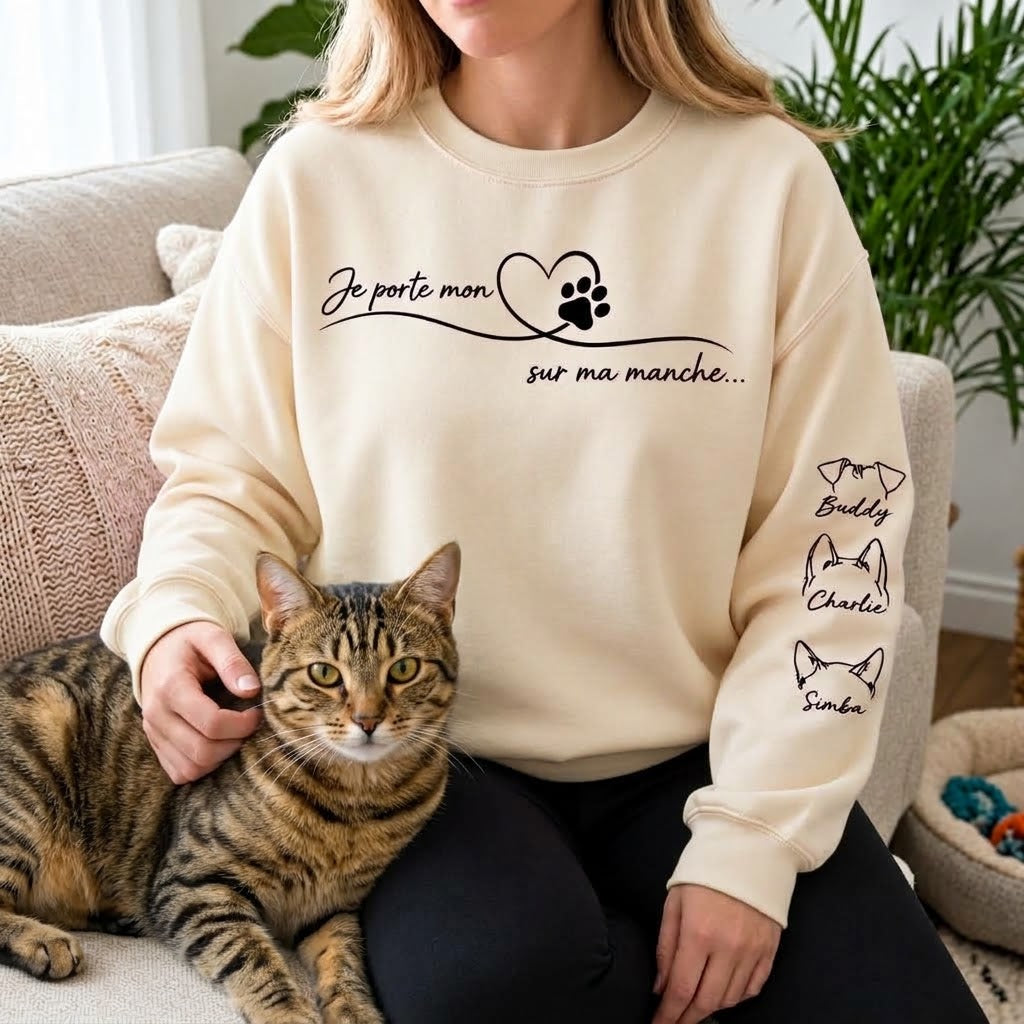 Sweat Oreilles d’Animaux Personnalisé – Pull Ligne Épurée Chats & Chiens avec Prénom Flocage Manche