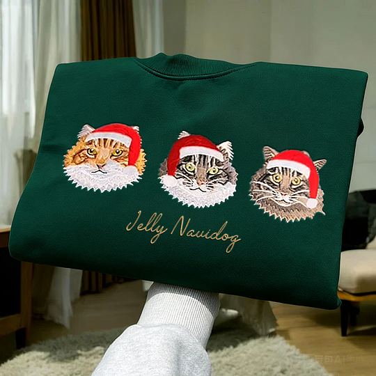 Sweat-shirt brodé en couleur avec portrait d'animal personnalisé (2025), avec chapeau de Noël en option