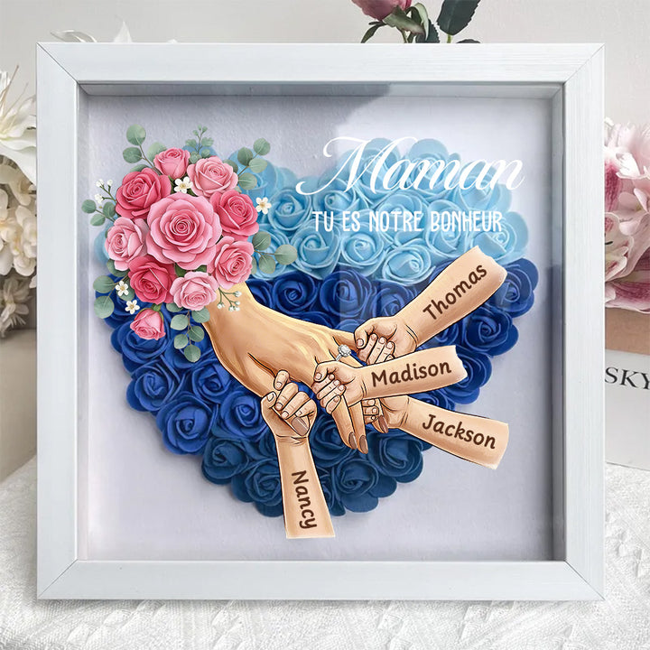 Boîte d’ombre cœur floral personnalisée Maman mains avec prénoms enfants et bague manicure