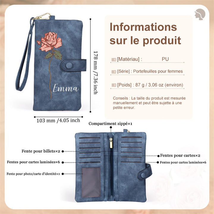 Portefeuille long en cuir personnalisé pour femme, porte-monnaie avec fleur et nom de naissance,  cadeau de fête des mères pour maman