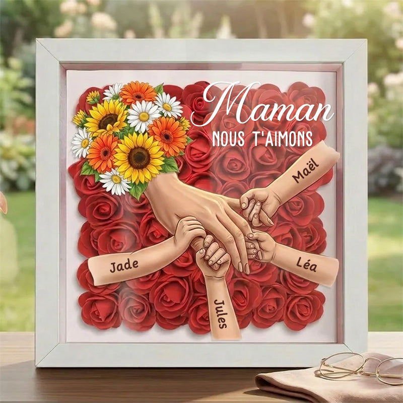 Cadre souvenir personnalisé maman se tenant la main avec tournesol et prénom – cadeau fête des mères
