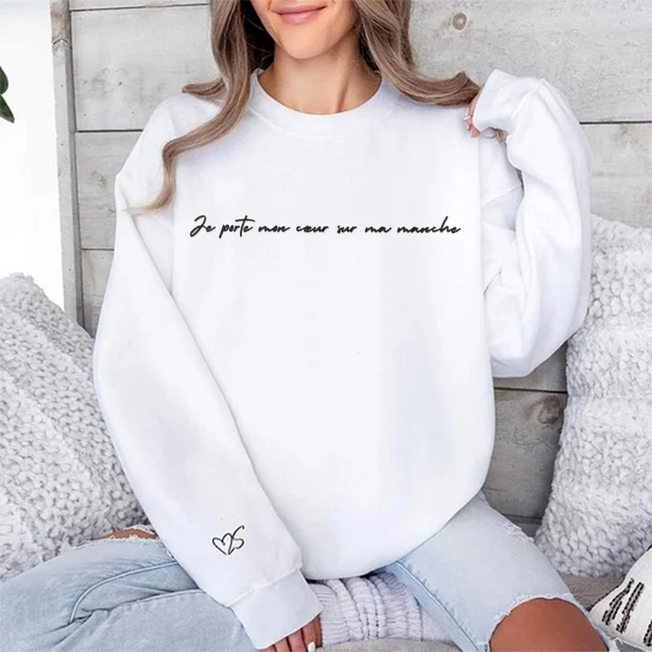 Sweat-shirt personnalisé brodé pour couple-Je Porte Mon Cœur Sur Ma Manche