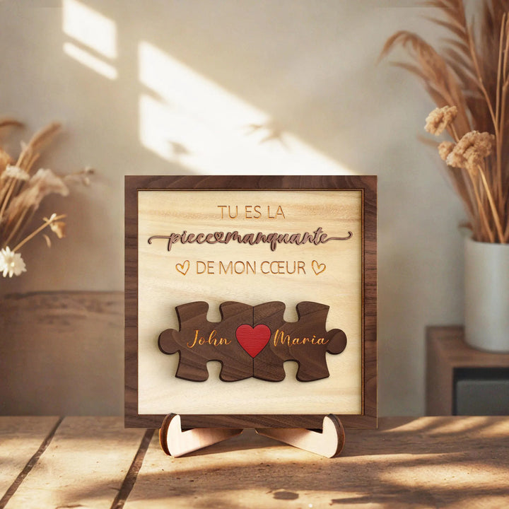 Panneau en bois personnalisé pour couple.,Tu es la pièce manquante de mon cœur,Cadeau avec prénoms gravés