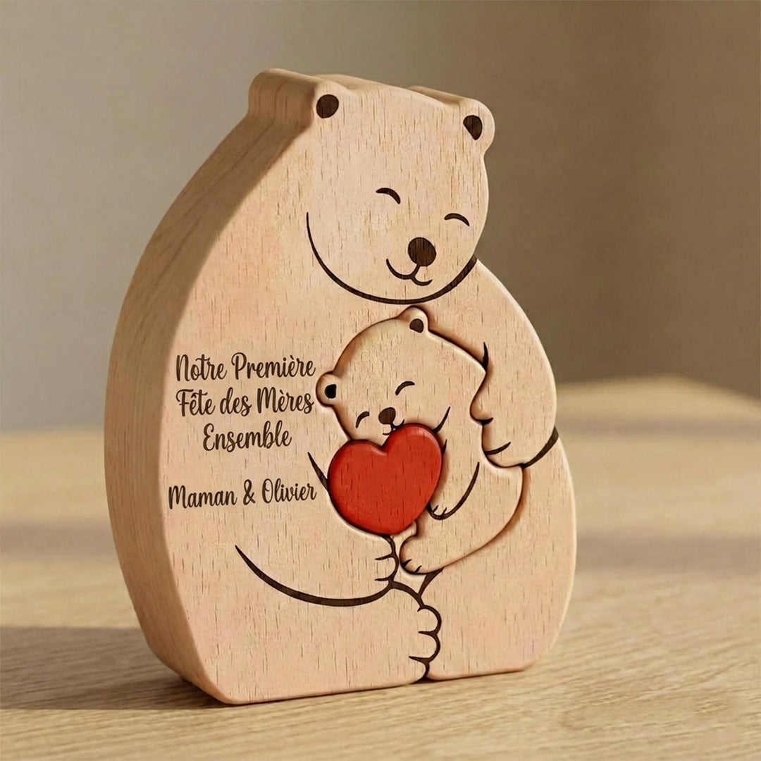 Puzzle en bois personnalisé « Maman Ours et Bébé » – Cadeau sur mesure pour jeune maman