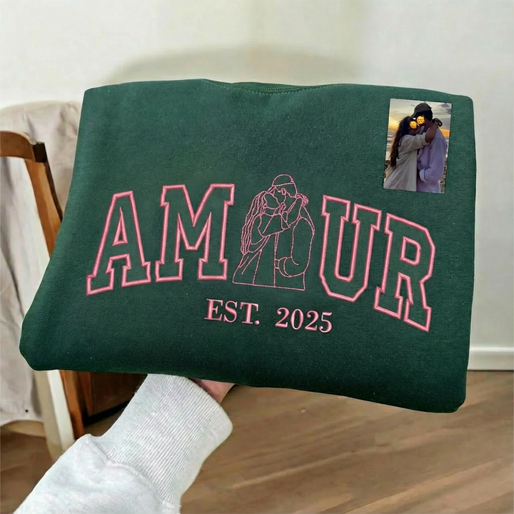 Sweat-shirt personnalisé avec portrait brodé photo AMOUR pour couple,Cadeaux de la Saint-Valentin💓