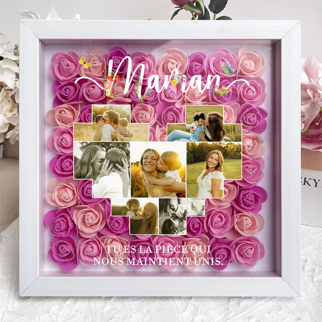 Boîte d’ombre cœur en roses personnalisée avec photos – Cadre souvenir familial