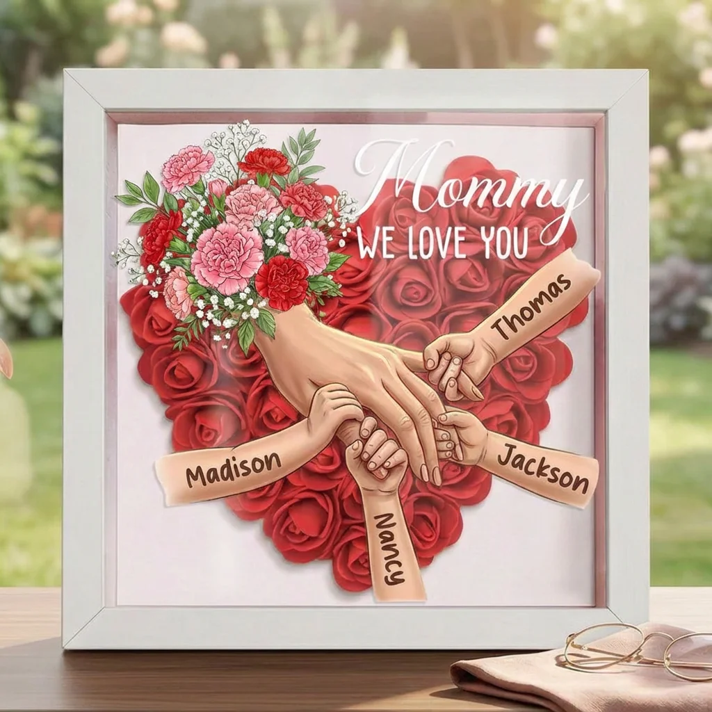 Cadre-souvenir personnalisé pour maman : Œillet et mains entrelacées