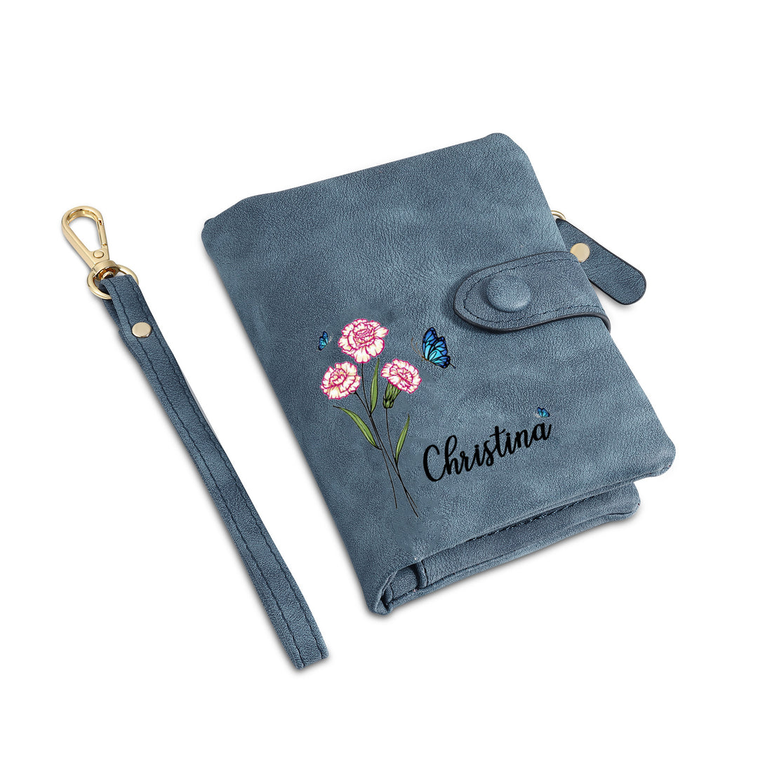 Portefeuille Fleur de naissance 1 Prénom et Photo Personnalisés Porte-Monnaie Carte pour Femmes