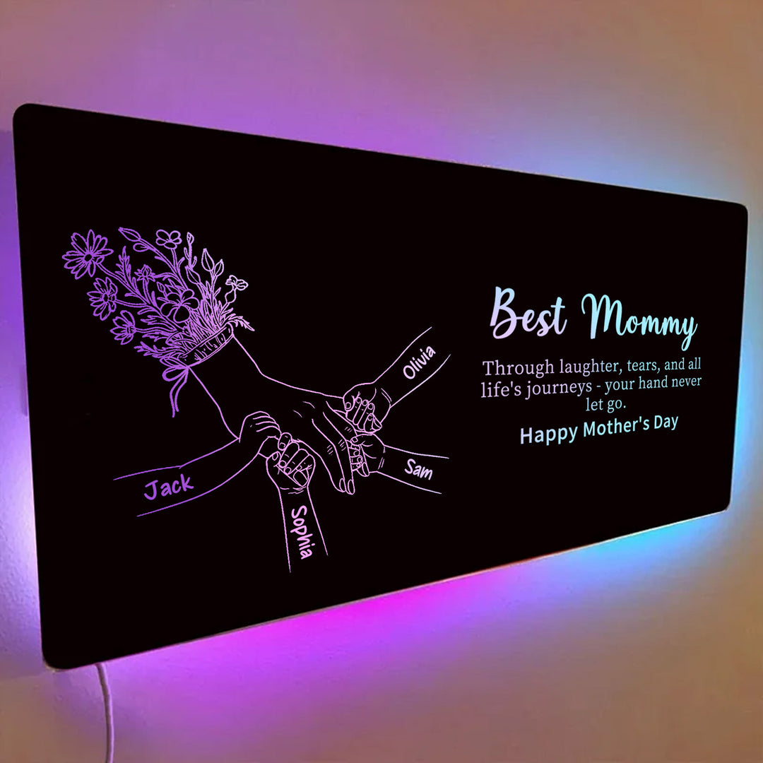 Miroir lumineux personnalisé avec empreintes de mains d'enfants — Cadeau pour la fête des Mères
