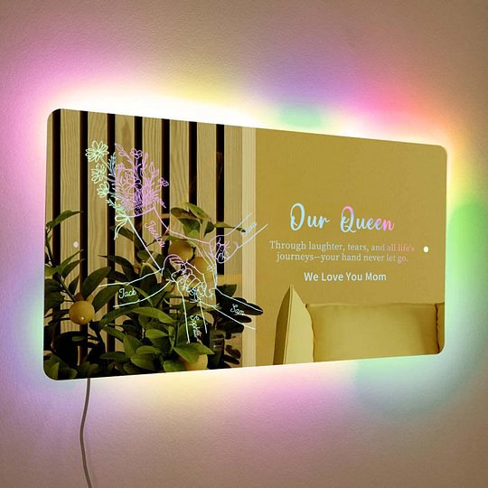 Miroir lumineux personnalisé avec les mains de maman et des enfants — Cadeau pour la fête des Mères