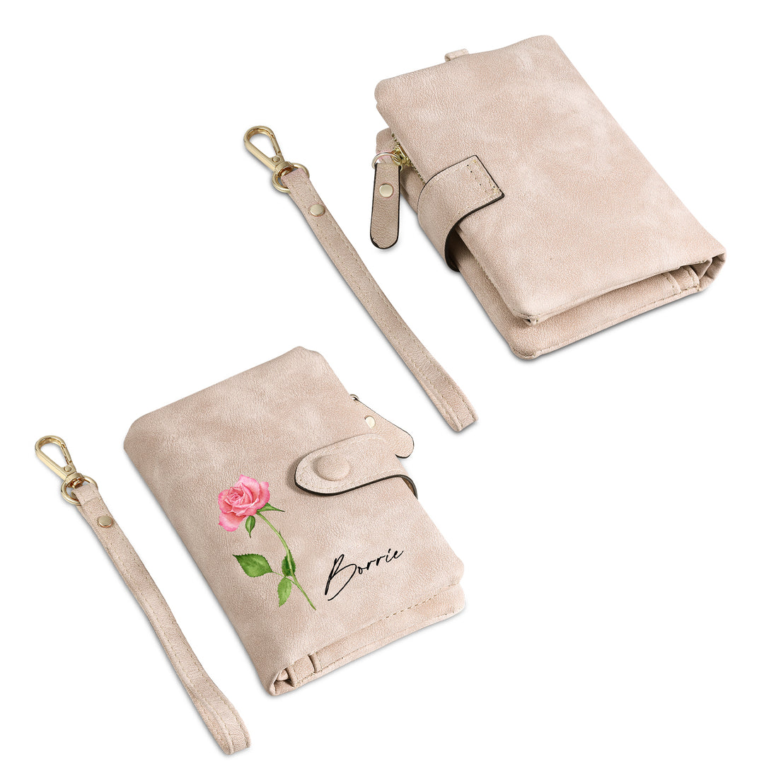 Portefeuille Fleur de naissance avec chaîne 1 Prénom Personnalisé Porte-Monnaie Carte pour Femmes
