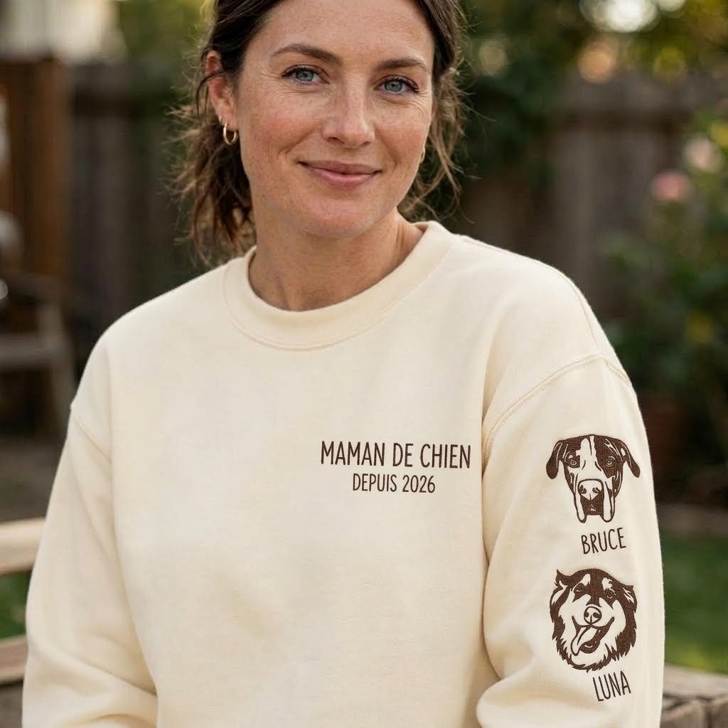 Sweat-shirt personnalisé pour maman de chien, portrait et prénoms de vos compagnons brodés sur les manches