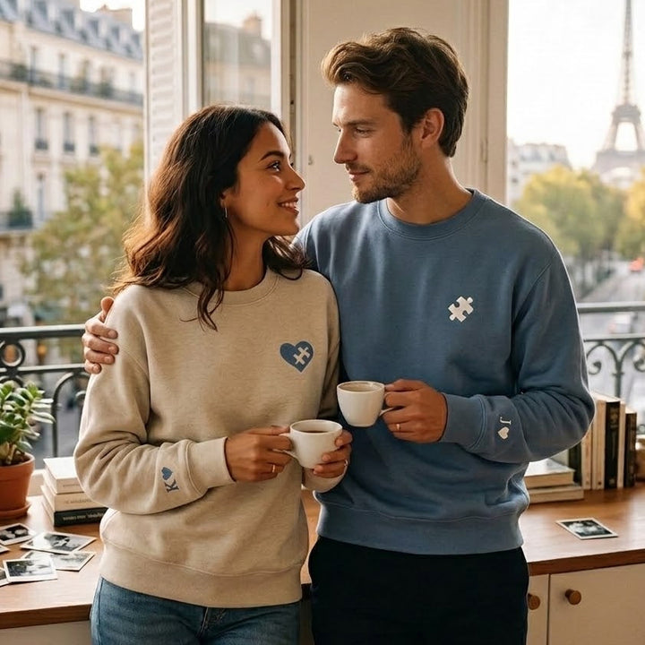 Sweat-shirts Couple Personnalisés, Cœurs Brodés et Puzzle avec Initiales,Cadeau d’Anniversaire et de Noël