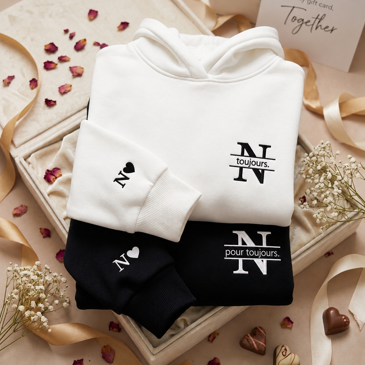 Sweat-shirts de Couple Personnalisés avec Initiales & Mots Doux | "Toujours & Pour Toujours" – Cadeau Romantique Saint-Valentin & Anniversaire