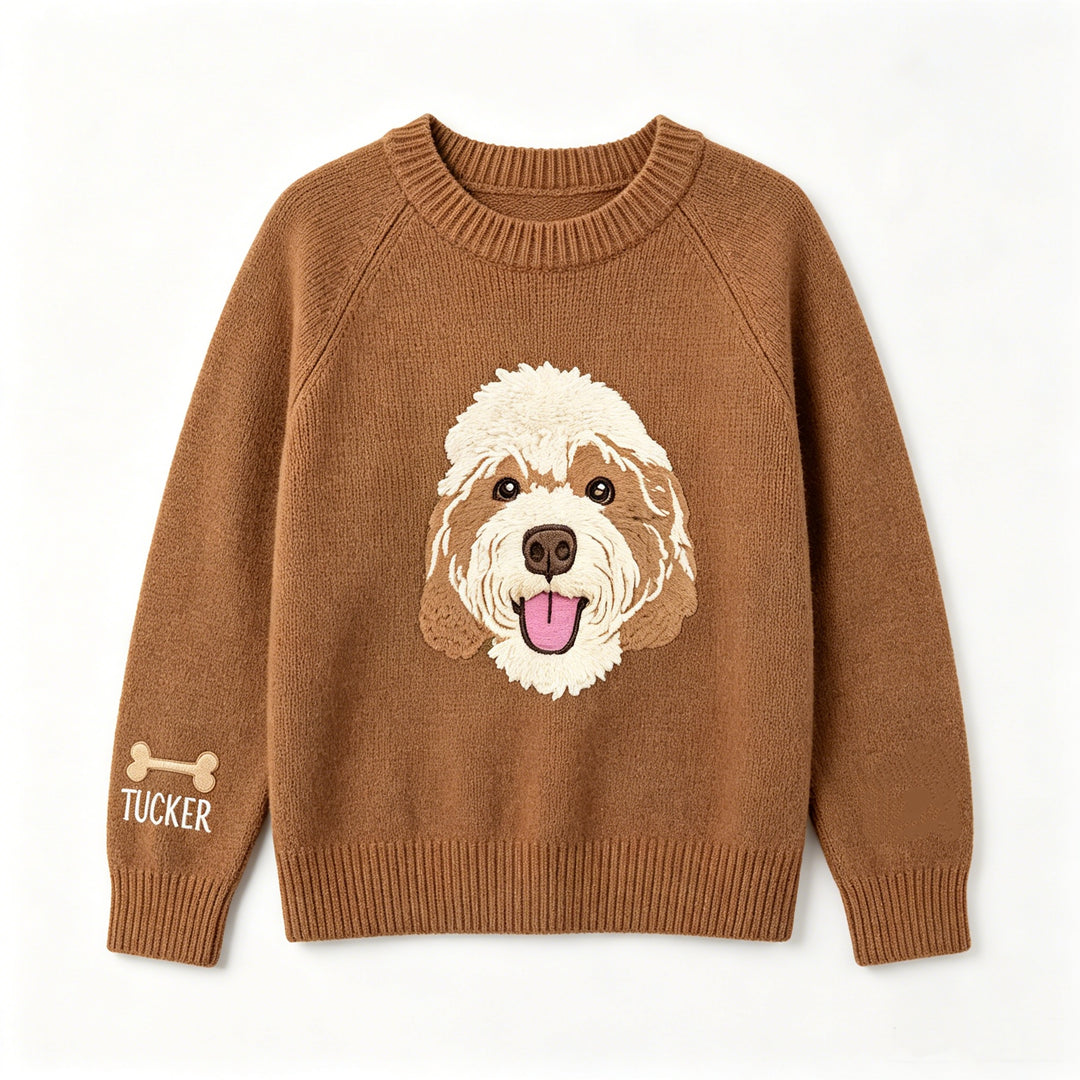Pull tricoté personnalisé avec portrait de votre animal, prénom brodé, cadeau pour maman de chien et amoureux des animaux