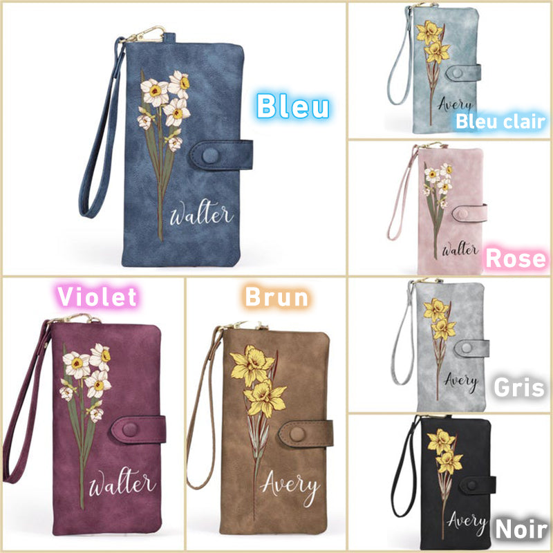 Portefeuille long en cuir personnalisé pour femme, porte-monnaie avec fleur et nom de naissance,  cadeau de fête des mères pour maman
