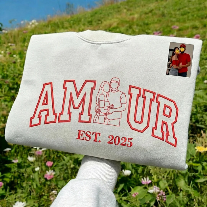 Sweat-shirt personnalisé avec portrait brodé photo AMOUR pour couple,Cadeaux de la Saint-Valentin💓