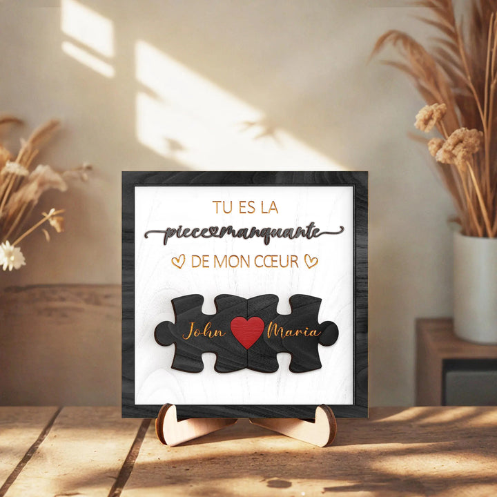 Panneau en bois personnalisé pour couple.,Tu es la pièce manquante de mon cœur,Cadeau avec prénoms gravés