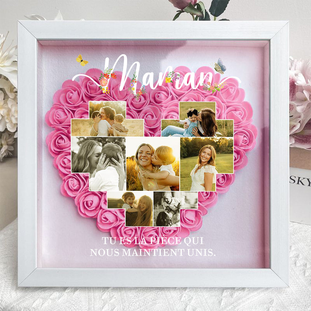 Boîte d’ombre cœur en roses personnalisée avec photos – Cadre souvenir familial