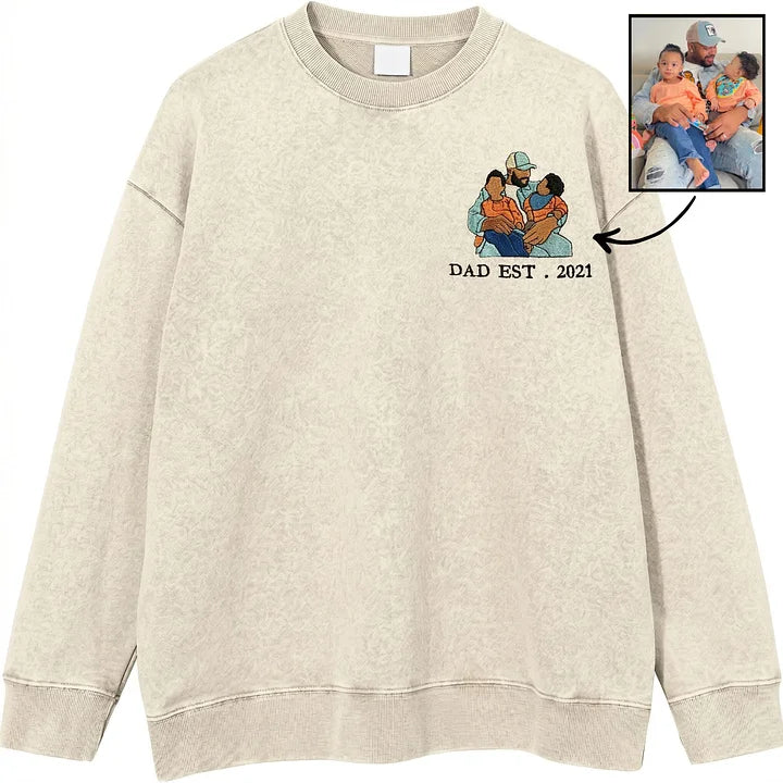 Sweat-shirt, sweat à capuche et T-shirt personnalisés et brodés avec portrait de papa — Effet délavé