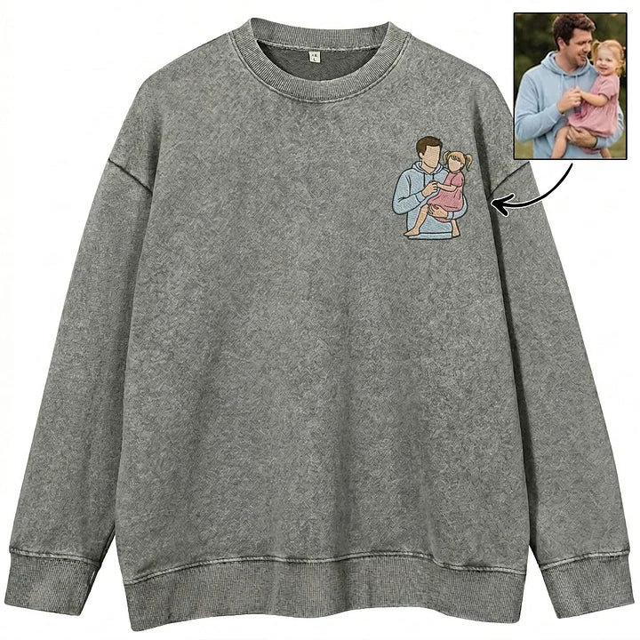Sweat-shirt, sweat à capuche et T-shirt personnalisés et brodés avec portrait de papa — Effet délavé