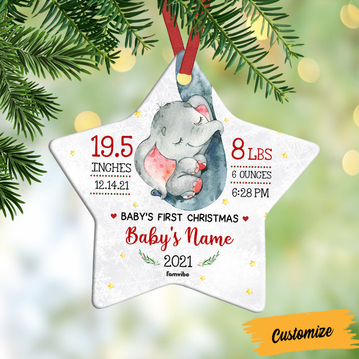 Ornements personnalisé de Noël avec le nom du bébé en forme d’étoile  de bébé éléphant