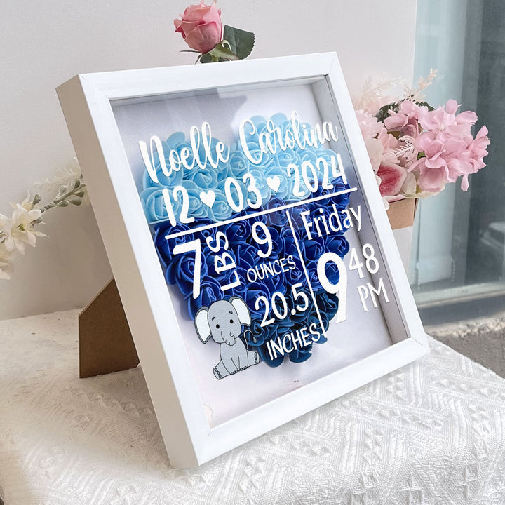 Statistiques de naissance de bébé - Boîte d'ombre de fleurs personnalisée
