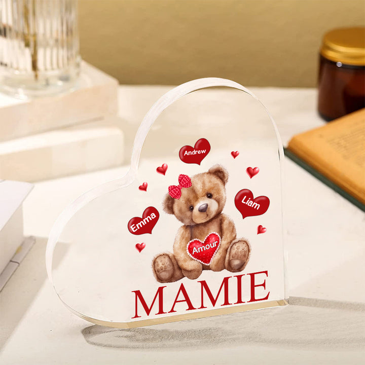 À ma Maman/Mamie - Plaque Acrylique Ours en Forme de Cœur Personnalisés avec -  1-9 prénoms