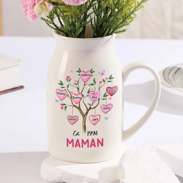 Vase à Fleurs Arbre 2-8 Prénoms Personnalisés avec Texte et Année