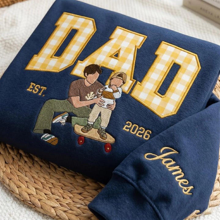 Sweat-shirt personnalisé avec appliqué brodé représentant le portrait d'un papa – Cadeau de fête des Pères
