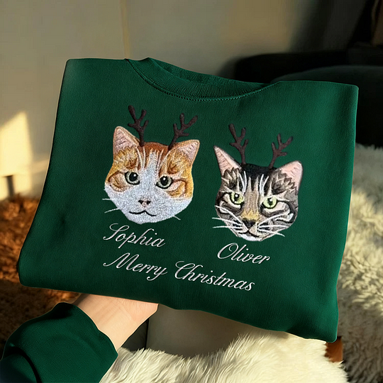 Sweat-shirt brodé en couleur avec portrait d'animal personnalisé (2025), avec chapeau de Noël en option