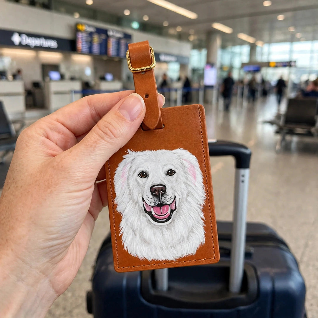 Étiquette de bagage en cuir personnalisée avec portrait de votre animal