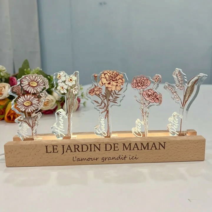 Fleur de naissance personnalisée en acrylique 3D avec lumière LED et prénoms des enfants