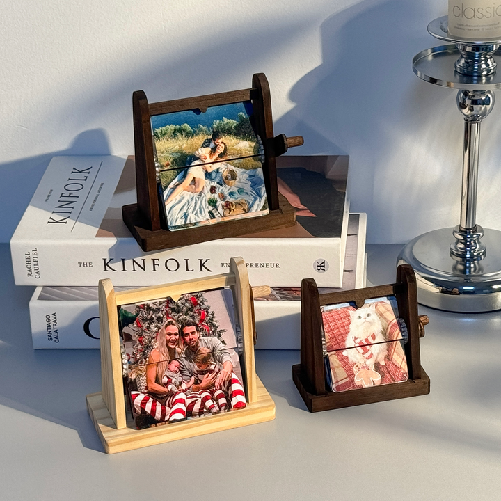 Boîte à album photo à rabat en bois sur mesure, à manivelle