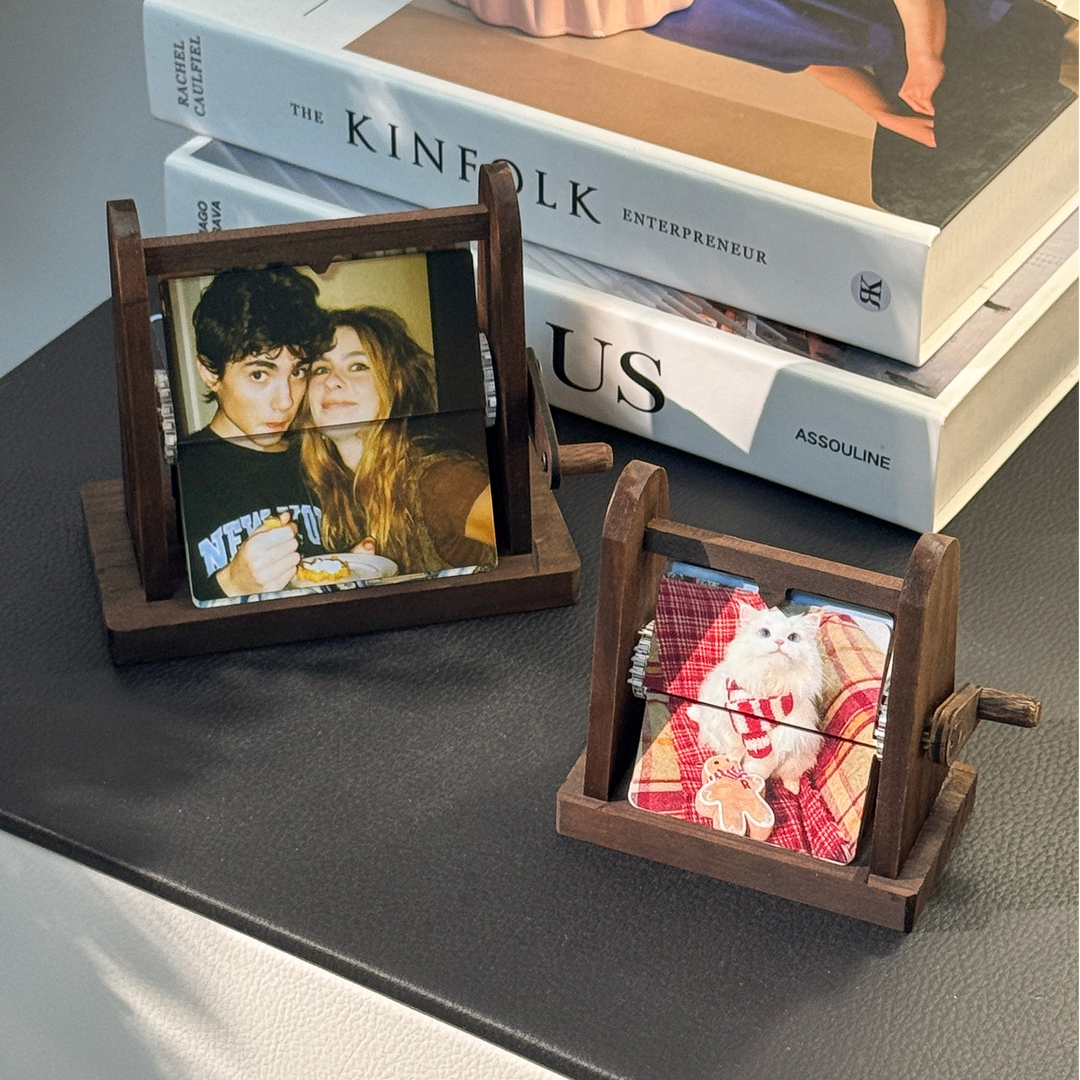 Boîte à album photo à rabat en bois sur mesure, à manivelle