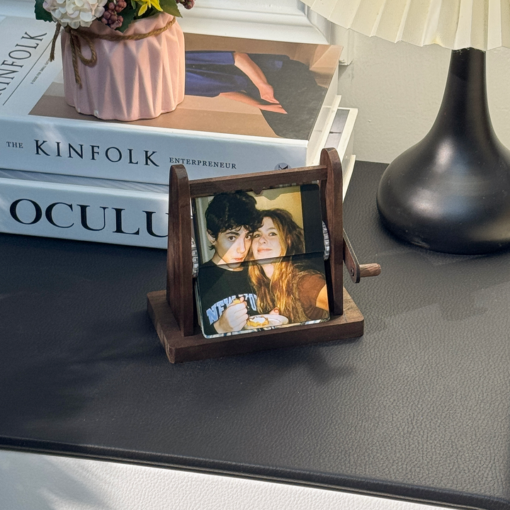 Boîte à album photo à rabat en bois sur mesure, à manivelle