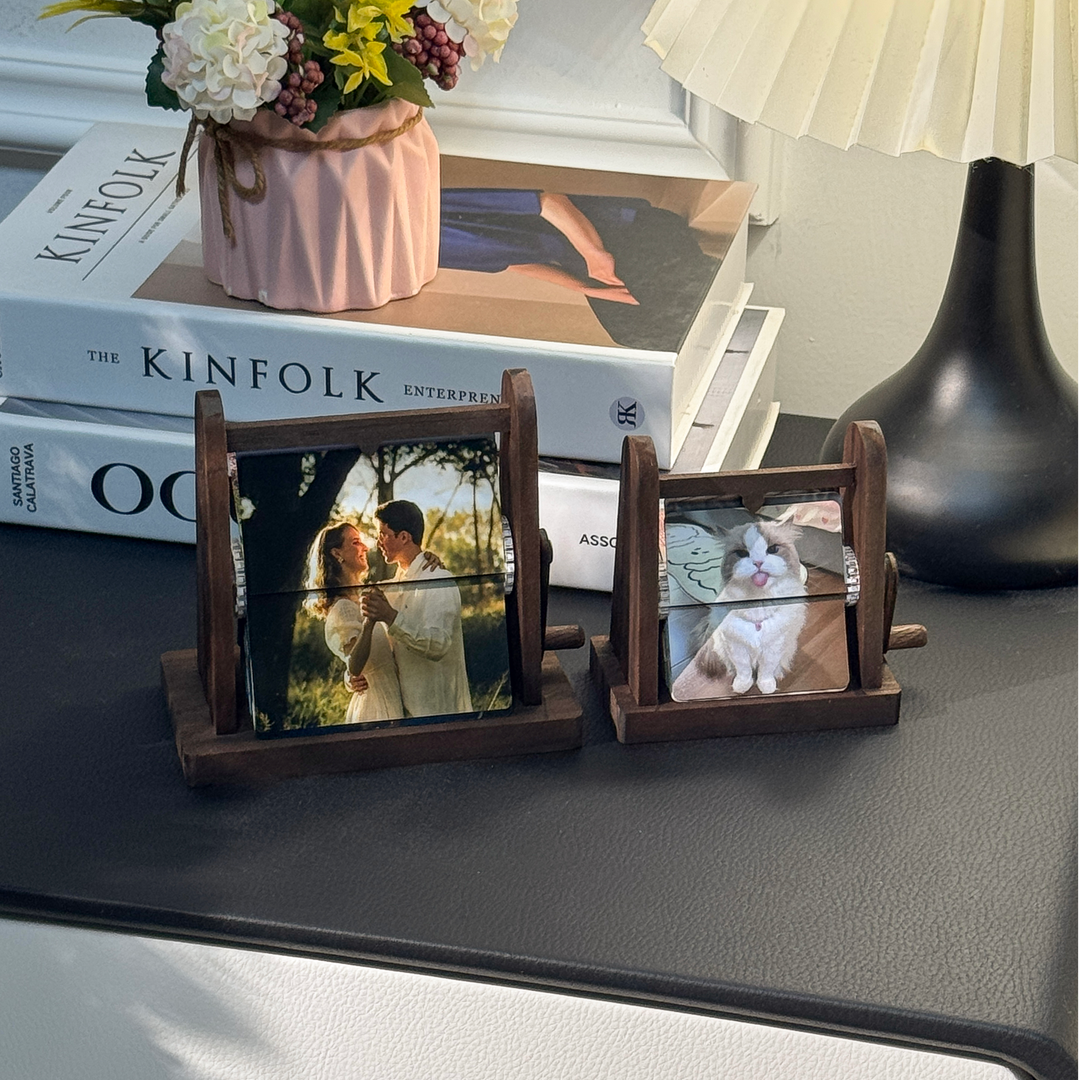 Boîte à album photo à rabat en bois sur mesure, à manivelle